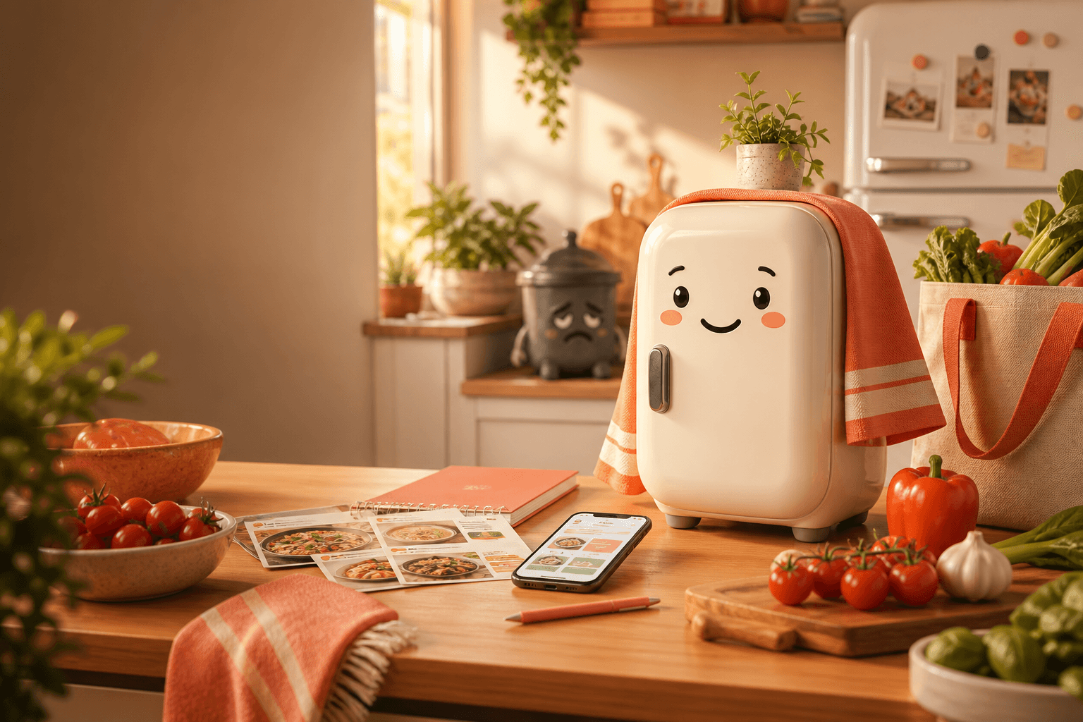 A cozy kitchen counter with Iggy helping plan meals and reduce food waste